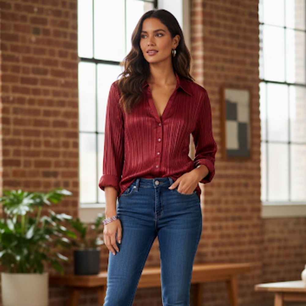 Tailor B. Moss V Neck Red Pleated Button-Down Bell Sleeved Shirt